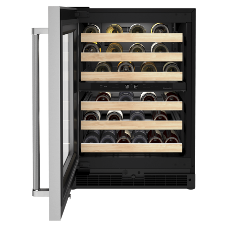 KitchenAid - 46-Bottle Dual-Zone Wine Cellar with Glass Door and Wood-Front Racks - Black cabinet/stainless steel doors