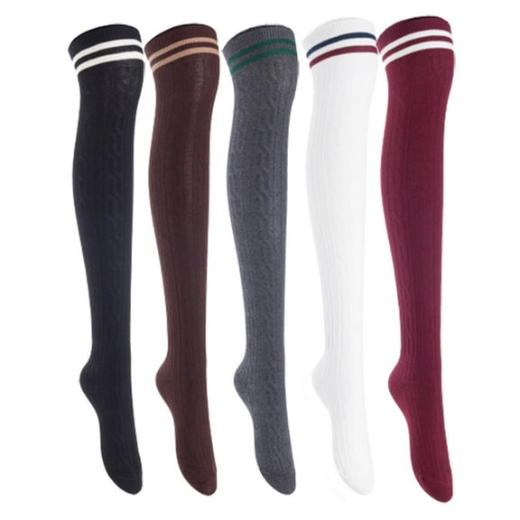 Lian Lifestyle Women's 5 Pairs Incredible Durable Super Soft Unique Over Knee High Thigh High Cotton Socks, Size US 6-9, JMYP1023 Black, Coffee, Dark Gray, White, Wine