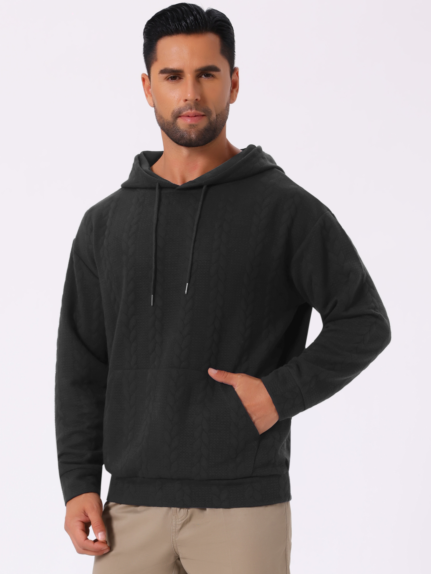 DARING DIVA Long Sleeve Jacquard Pullover Hooded Sweatshirts M Black