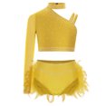 thumbnail image 2 of YiZYiF Kids Girls Sparkly 2 Piece Dancing Outfit Rhinestones Dance Crop Top and Feather Briefs Skirt Yellow 14, 2 of 6