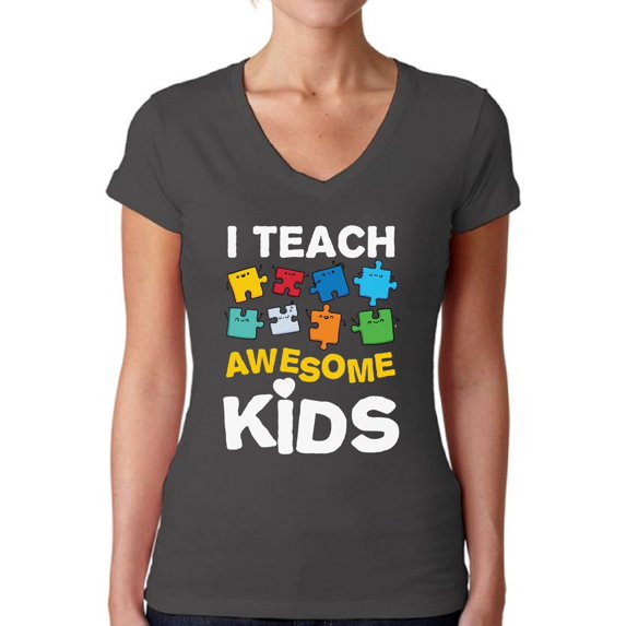 Awkward Styles Women's Autism Awareness Puzzle V-neck T-shirt I Teach Awesome Kids