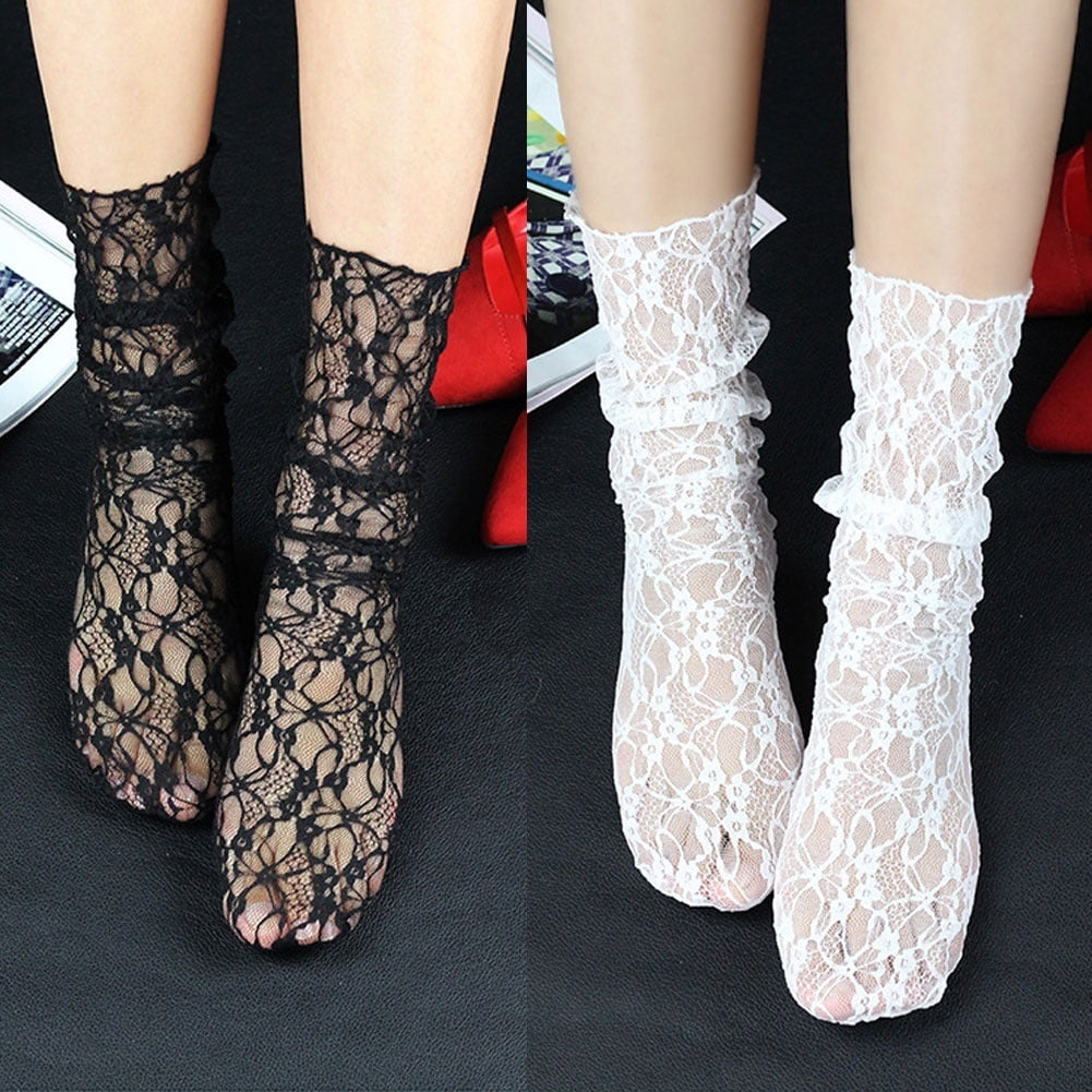 Women Fashion Ruffle Fishnet Ankle High Sock Lady Lace Mesh Fish Net Short Socks 