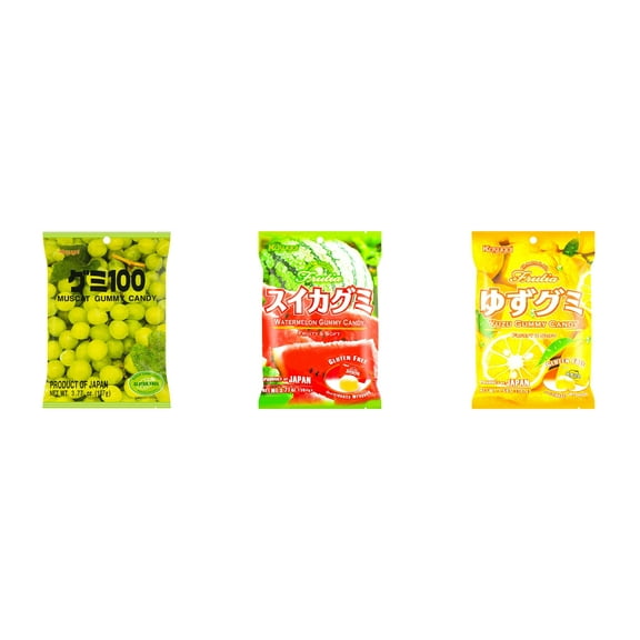 3 Pack Kasugai Gummy Candies, Made in Japan, Gluten Free, Mix 3 Flavor (Mmuscat,Watermelon,Yuzu) Plus NineChef Brand Long Handle Coffee Spoon