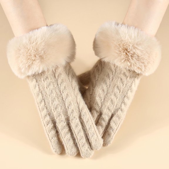Winter Gloves for Women with Faux Fur Trimmed Fleece Lined Cable Knit Solid Stretchy Gloves Beige Free Size