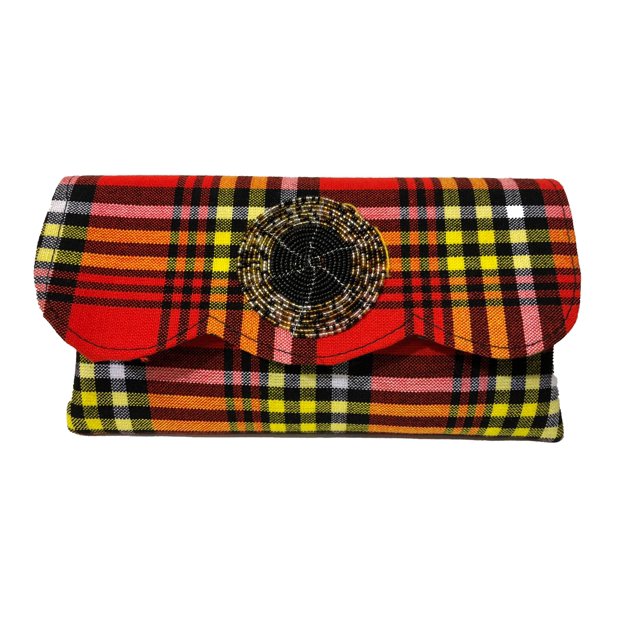 Pochette en Jute Perlée Faite à la Main pour Femme à Carreaux Rouge et Jaune