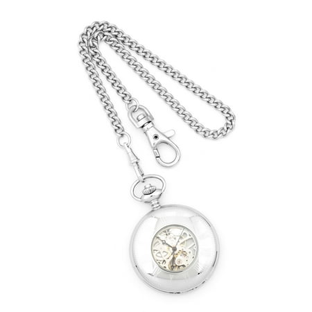 - Versil Men's Solid Stainless Steel Skeleton White Dial Pocket Watch