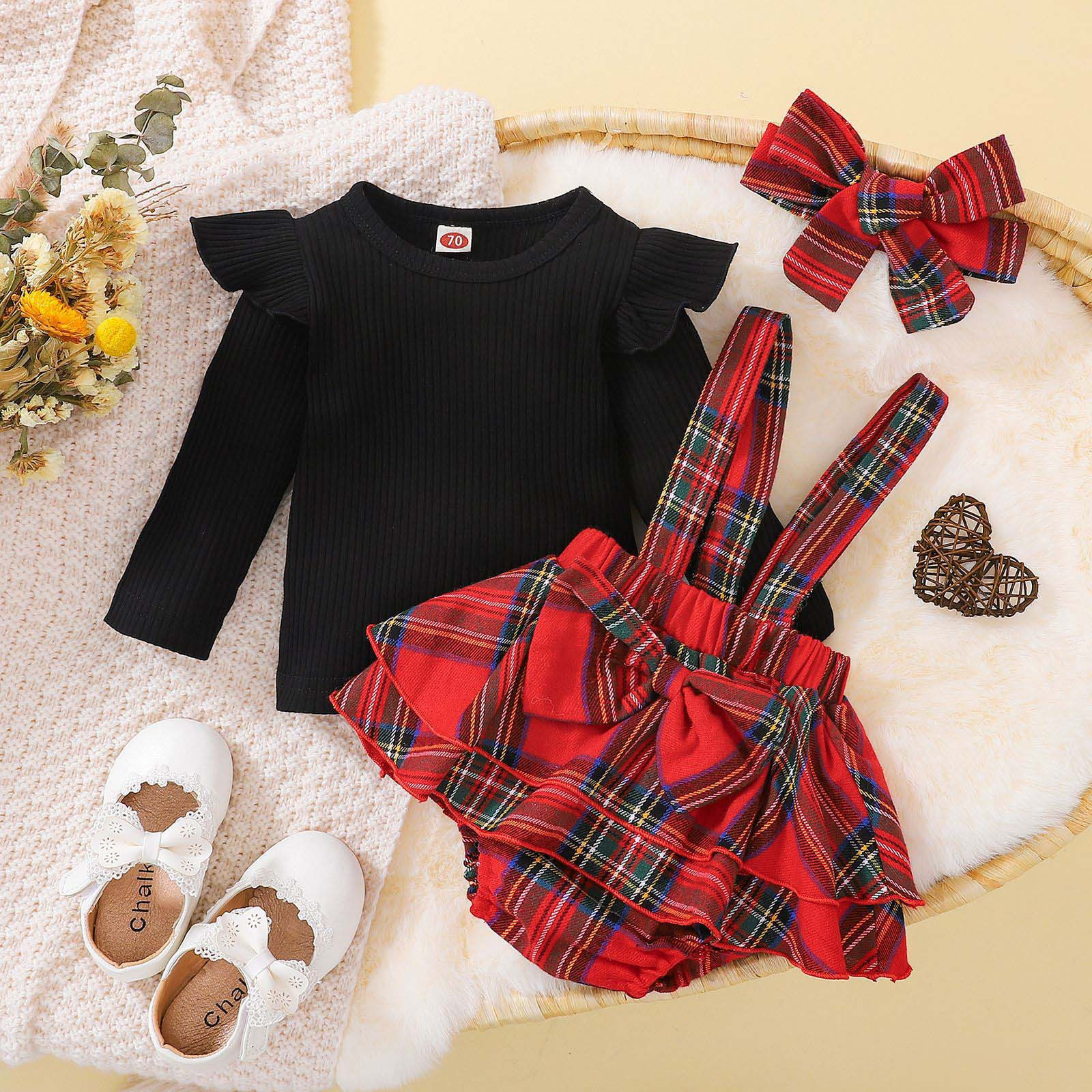 ZCFZJW Toddler Baby Girl Outfits Ruffle Long Sleeve Ribbed Sweatshirt Shirt Top Buffalo Plaid Suspender Overall Skirt Headband Butterfly Knot Hairband 3 Pieces Set(Black,9-12 Months) - image 5 of 9