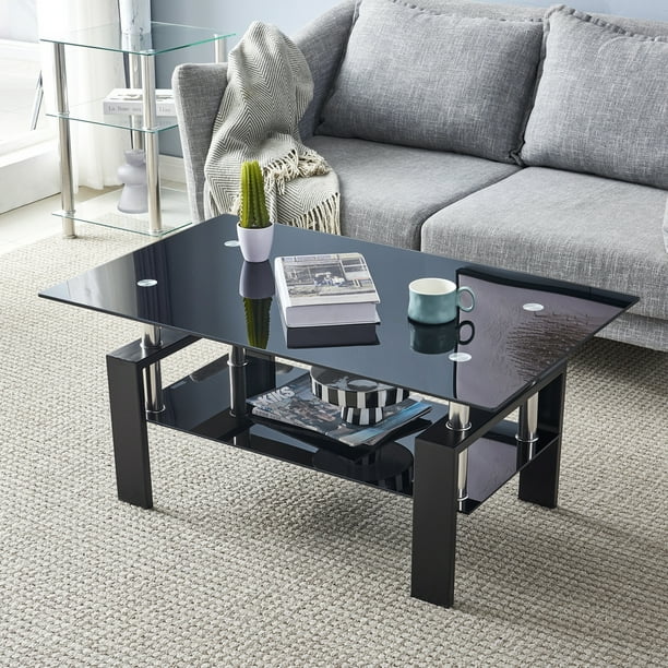 Veryke Modern Glass Coffee Table with Lower Shelf, Rectangle Center