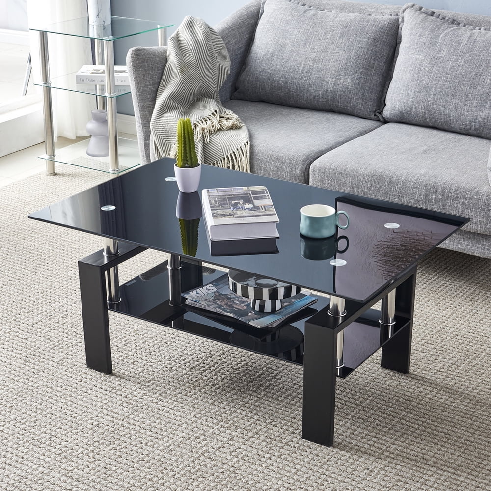 Veryke Modern Glass Coffee Table with Lower Shelf, Rectangle Center