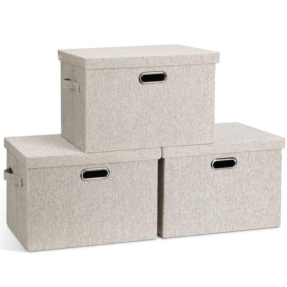 Large Quart Collapsible Stackable Storage Bins with Lids, 3 Packs Beige Linen Fabric Closet Boxes with Lids, Storage Cube Baskets Container Organizers for Bedroom Office