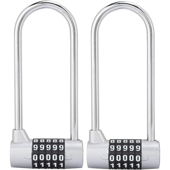 2Pcs 5 Digit Combination Padlock,Zinc Alloy U Shape Padlock,Long Shackle Combination Lock,Resettable Padlock for Cabinets and Doors(Silver)