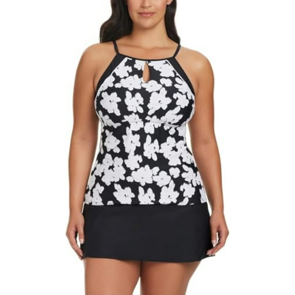 ELLEN TRACY Womens 2 Piece Lightweight Tankini Swimsuit Set (US, Alpha, Large, Regular, Regular, Black Garden Sports) 1842851