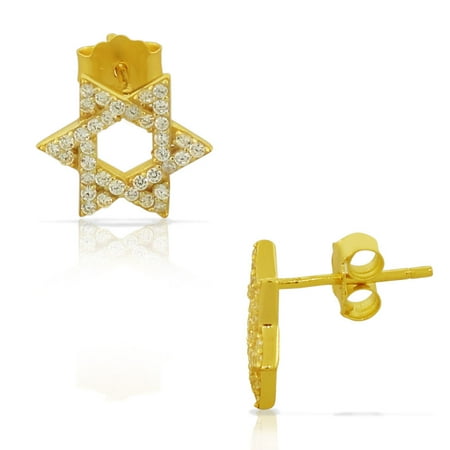 925 Sterling Silver Yellow Gold-Tone CZ Jewish Star of David Womens Girls Stud Earrings