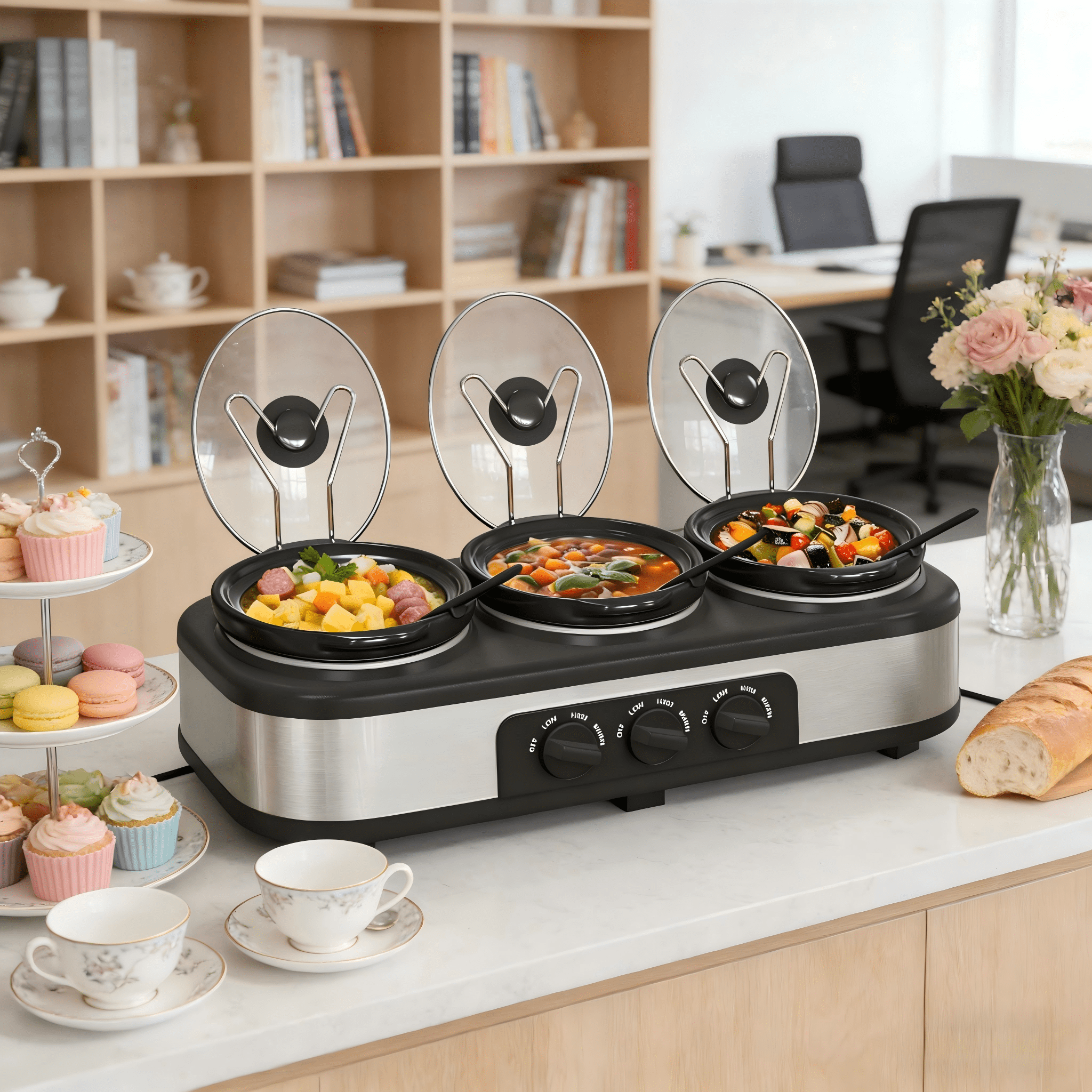 3 Pot Slow Cooker Set, Triple Slow Cooker with 3×1.5QT Removable Ceramic Crocks, 4.5QT Total, Adjustable Temperature for Family Dinner & Party,SL