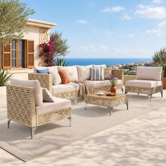 4-Piece Outdoor Patio Conversation Set-All-Weather Rattan 4-Seat Sofa & 2 Armless Chairs with Washable Cushions & Acacia Wood Top Coffee Table for Porch & Balcony, Beige
