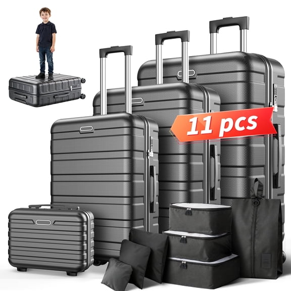 11-Piece Hardside Travel Set with Carry On, Hard Shell Suitcase Set with Spinner Wheels for Easy Maneuvering, Secure Locks, Multiple Sizes, Lightweight