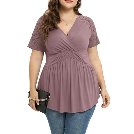 Daystry Plus Size Tunic Tops For Women Lace V-Neck Empire Waist Women Top Babydoll Blouse Mauve-1X