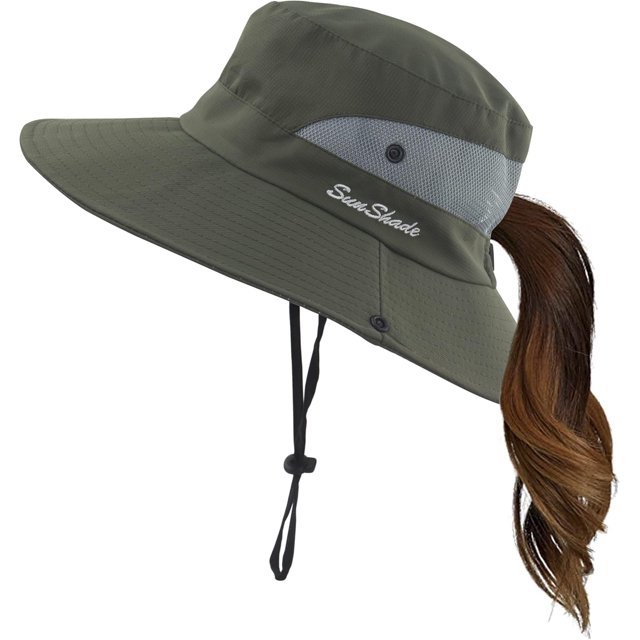 Womens Summer Sun Hat Wide Brim Outdoor UV Protection Hat Foldable Ponytail Bucket Cap for Beach Fishing Hiking