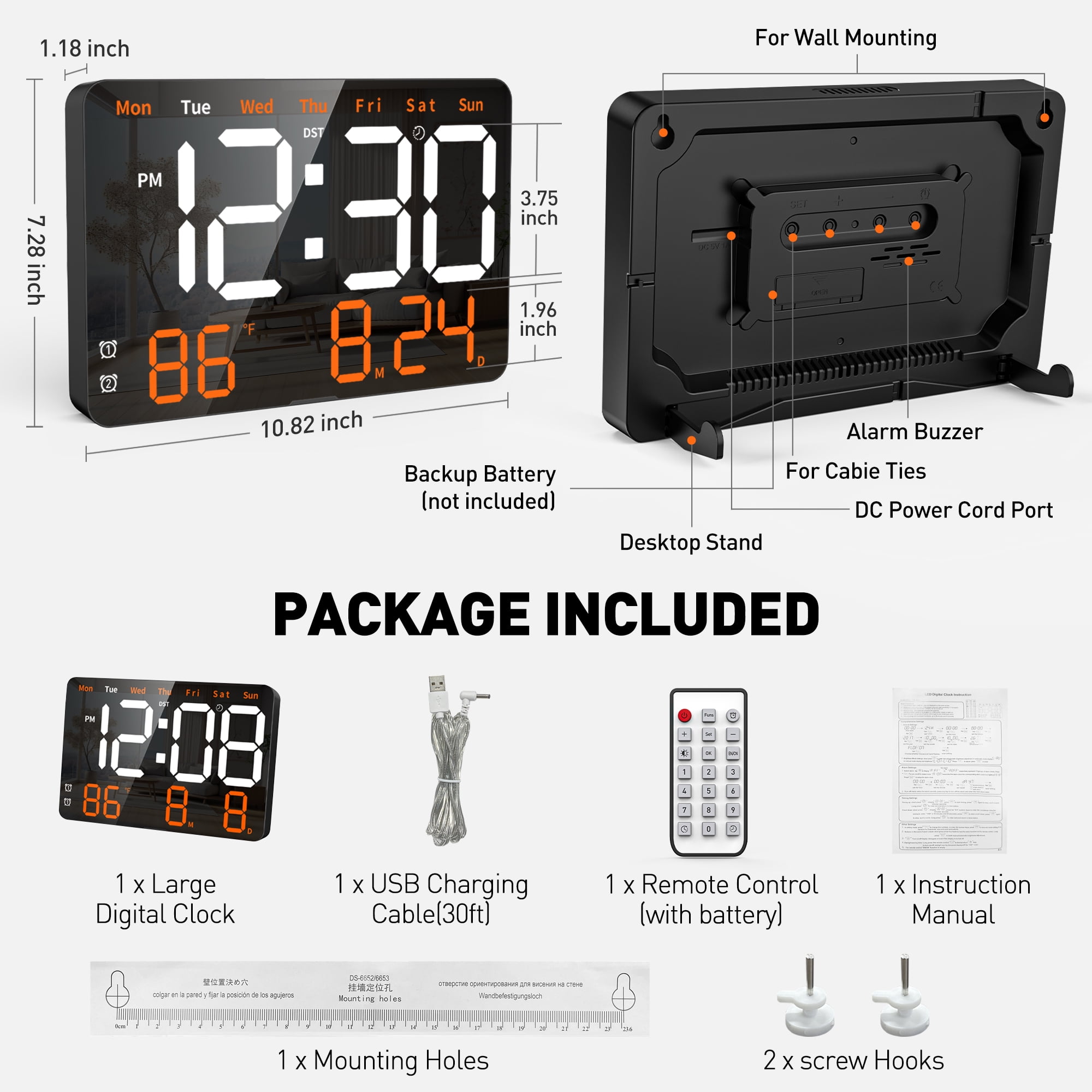 Digital Clock,11.5" Large LED Display Digital Wall Clock, Brightness Adjustable,with Day and Date,Indoor Temperature, Snooze,12/24 H,for Home,Office,Living Room
