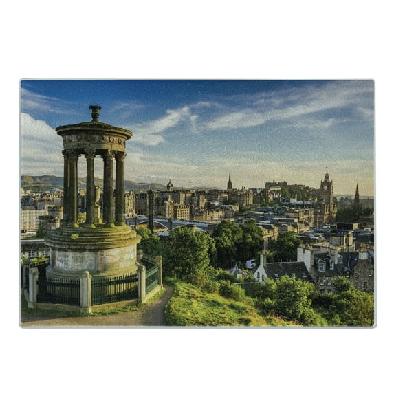 Cityscape Cutting Board, Edinburgh Town Aerial View of Historical Buildings Heritage Panorama Art, Decorative Tempered Glass Cutting and Serving Board, Small Size, Fern Green Blue Tan, by Ambesonne