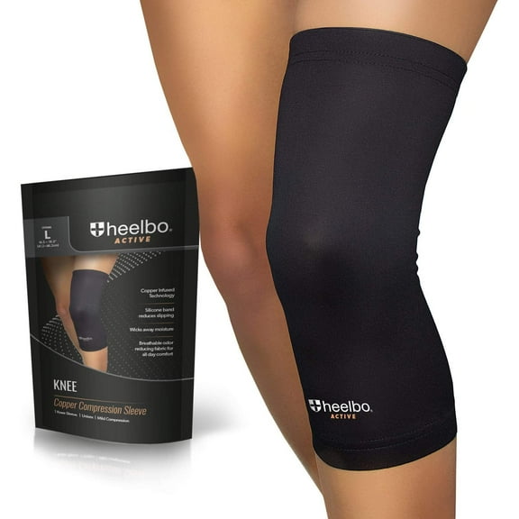 Heelbo Knee Compression Sleeve with Copper Infused Fibers and Breathable Fabric for Knee Pain Relief, Knee Support, Sore Muscles and Joints for Running, Jogging, Hiking or Arthritis, Black, Large