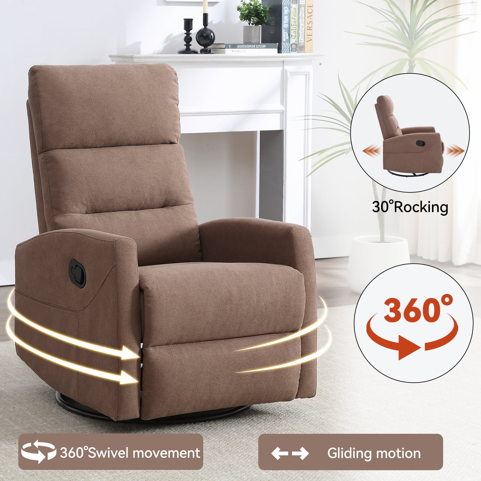 Aukfa 360° Swivel Manual Recliner Chair, Overstuffed Nursery Glider Chair for Living Room, Brown
