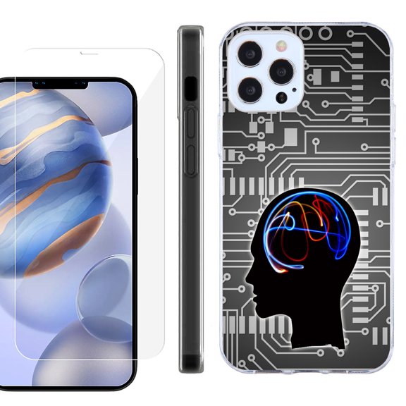 Slim Fit Protective Phone Case for Apple iPhone 12 / iPhone 12 Pro, with Tempered Glass Screen Protector, by OneToughShield ® - Electric Brain