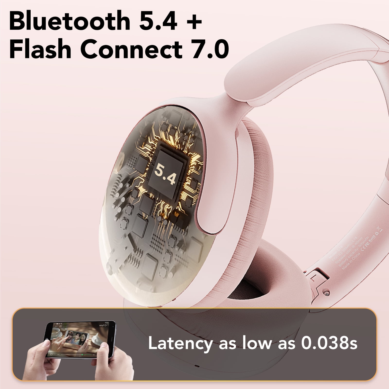 Hybrid Active Noise Cancelling -45dB, Bluetooth Headphones 5.4, 50H Playtime Earbuds, Clear Call with 4 Mics, Bass Boosted by 90%, Comfort Fit Over Ear Headphones for Travel Home Office PC Pink