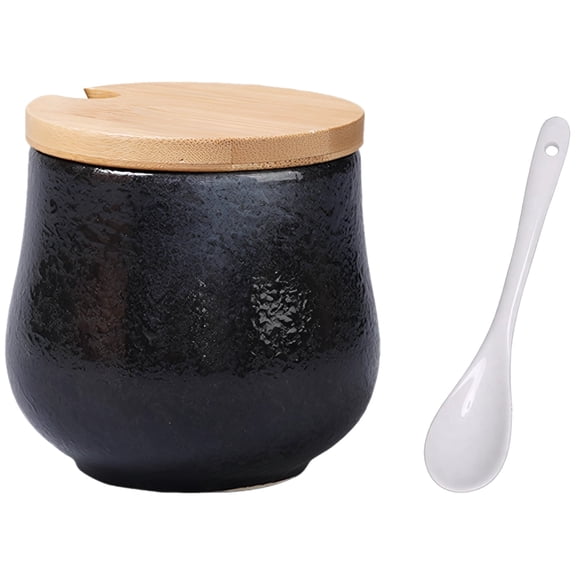 Ceramic Salt Cellar with Lid and Spoon, 8.5 oz Black Glazed Seasoning Jar, Rustic Water Tank Design Countertop Salt Cellar, Wooden Cover Spice Container for Home, Restaurant