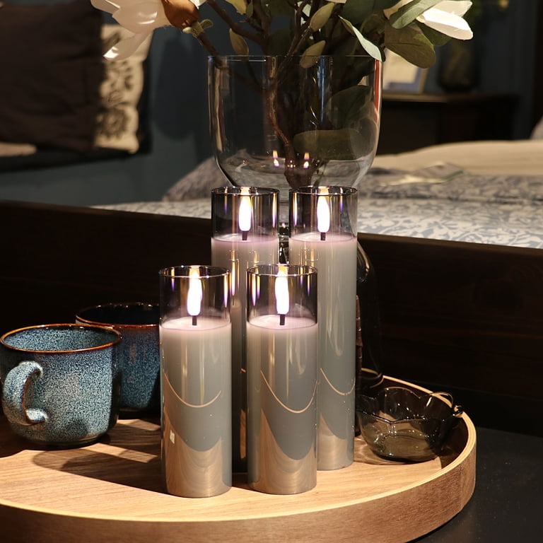 Rhytsing Set Of 3 Glass Cylinder Lanterns With Fairy Lights – Flameless Table Lamp With Timer, Smoke Gray, Battery Operated