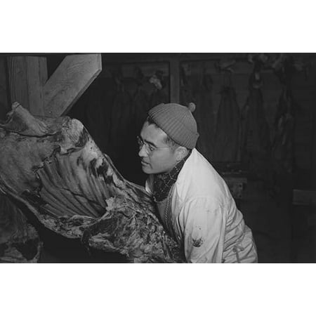 JS Yonai half-length portrait standing facing left handling beef carcass in butcher shop  Ansel Easton Adams was an American photographer best known for his black-and-white photographs of the (Best Photoshops Of All Time)