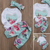 Infant Baby Girls 3PCS Cotton Long Tops T-shirt+Floral Pants Headband Outfits Set