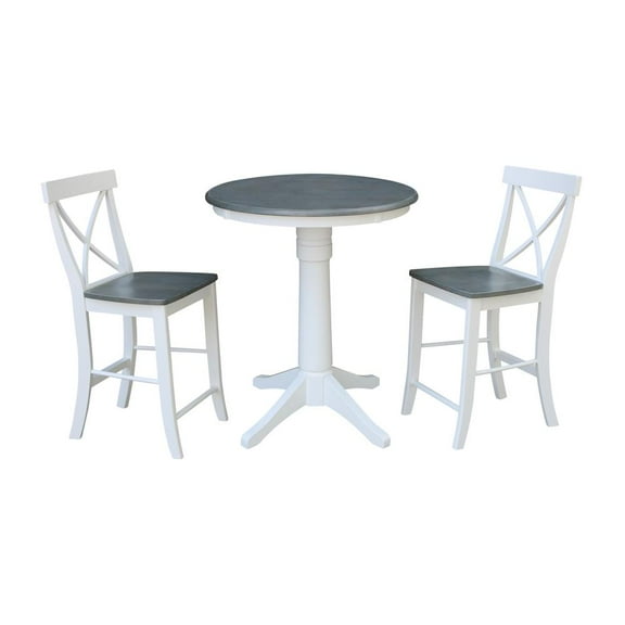 International Concepts 30" Round Wood Counter Height Table With 2 X-back Stools in White/Heather Gray