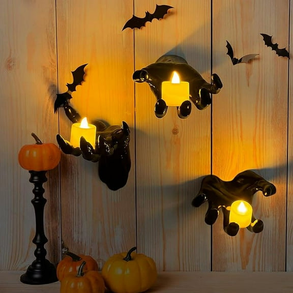 Halloween Decorations, Pack of 3 Wall Mounted Creepy Reaching Hands with Lighted Candles, Life-Sized Horror Hands for Gothic Wall Decorations, Scary Halloween Decorations Indoor