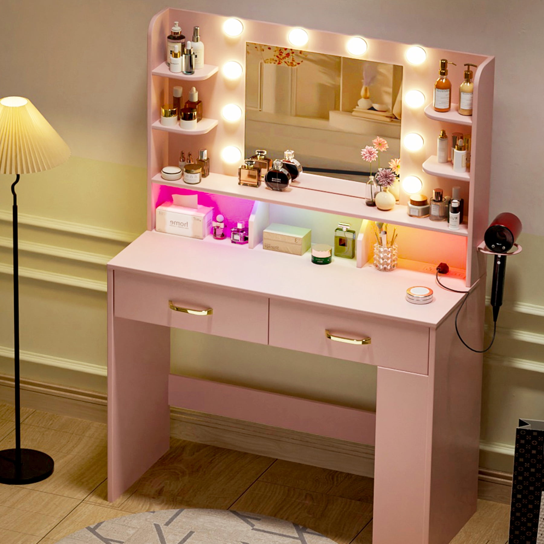COMHOMA Pink Vanity Desk with Mirror and Lights, Hairdryer Holder, 5 Drawers, Bedroom Dresser Table for You