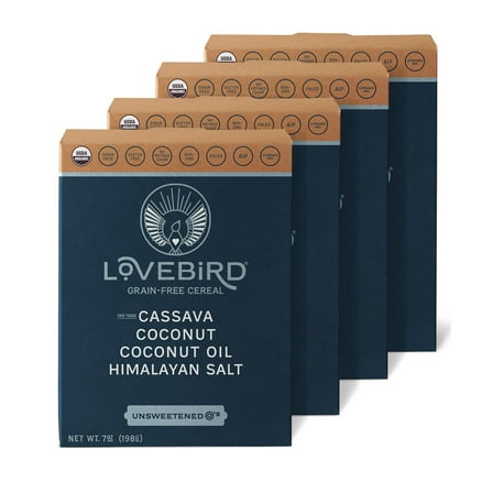 Lovebird Gluten Free Cereal - Organic Grain Free Cereals Paleo AIP Dairy Free Keto Friendly No Refined Sugar Healthy Snacks for Kids, Adults (Unsweetened, 4 Pack)