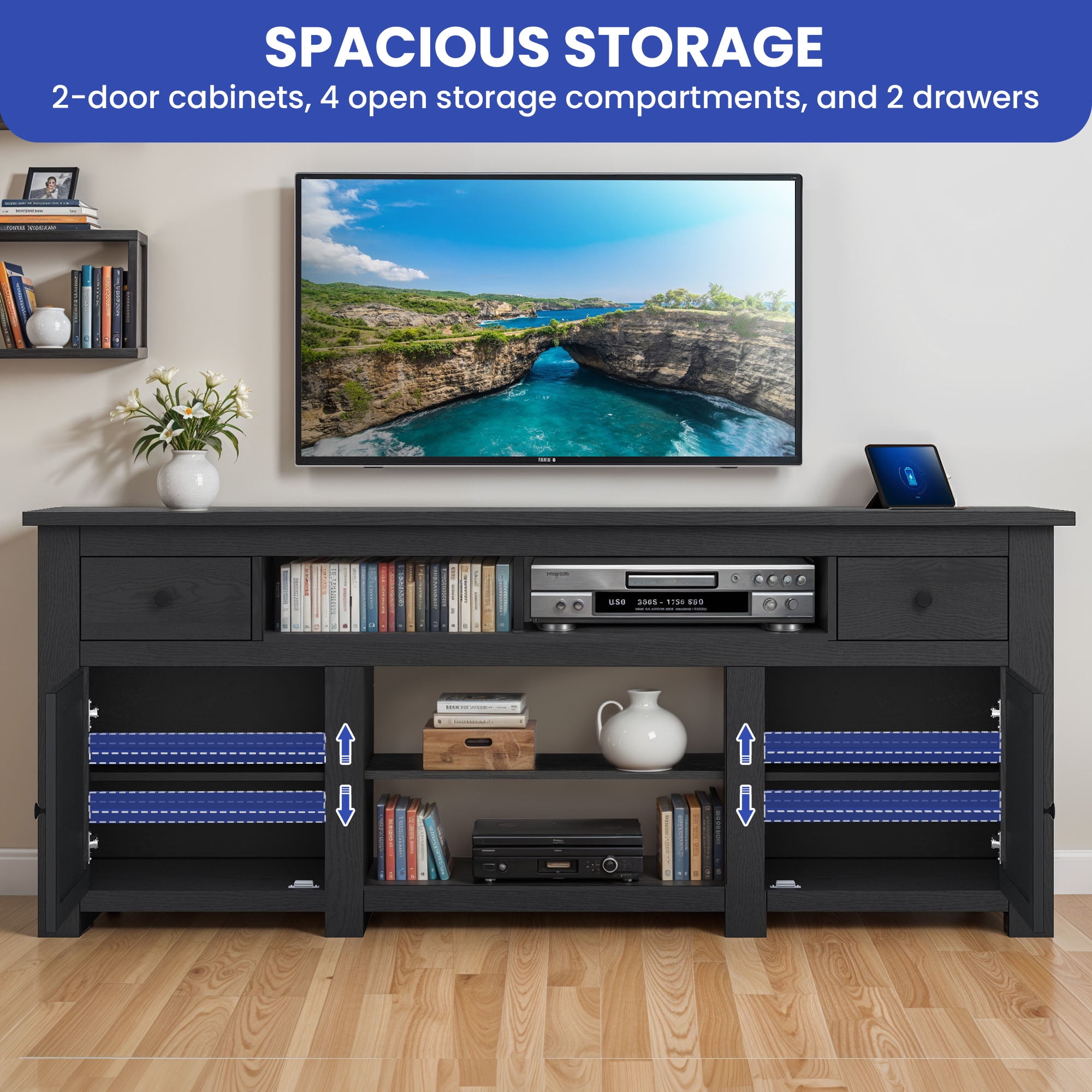 Uforic Farmhouse TV Stand for 75/80 Inch TV, Rustic Entertainment Center with Power Outlet, Storage Drawers, TV Console for Living Room, Black