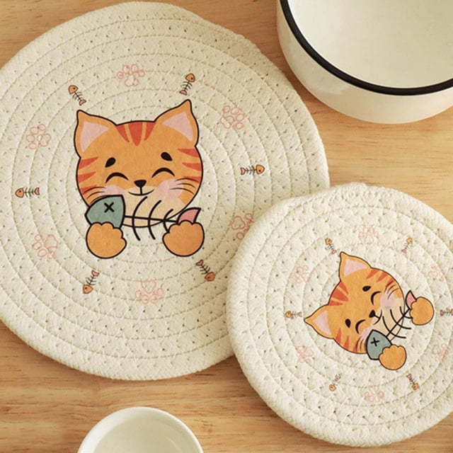 AMERTEER Round Braided Placemats Cartoon Kitty Round Table Placemats 2 Sizes for Home Wedding Party Decor