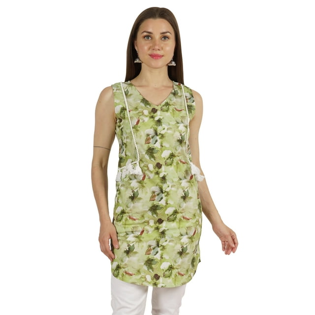 Moomaya Tunique Sans Manches en Coton Imprimé Col en V Haut Long d'Été Blouse Décontractée pour Femmes