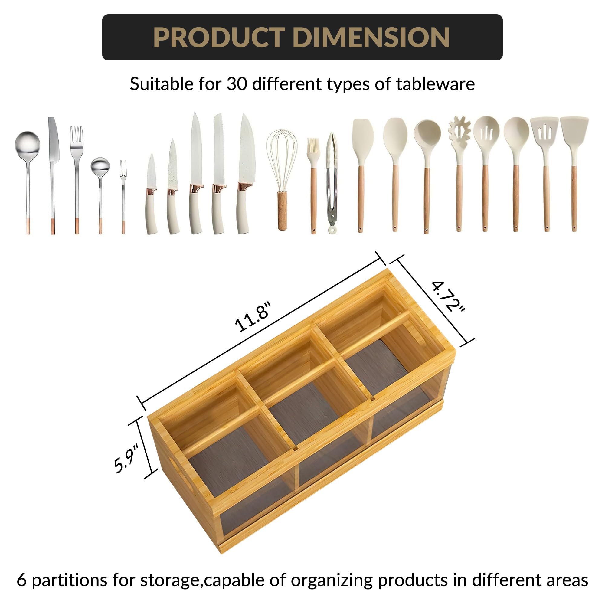 Towallmark 12 in Bamboo Kitchen Utensil Holder - 6 Compartments with Absorbent Mat
