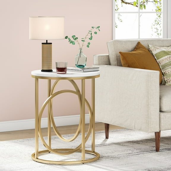 Tribesigns Morden Round End Table with Faux Marble White Top, 20" Sofa Side Table Coffee Table Cocktail Table with Unique Gold O-shaped Base for Living Room Bedroom