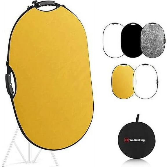 WELLMAKING 23.6×35.4 Inch Reflector Photography, Collapsible Light Reflector with Bag & tilt Adapter, 5 in 1 Handle Reflector for Studio & Outdoor Lighting -Translucent, Silver, Gold, White and Black