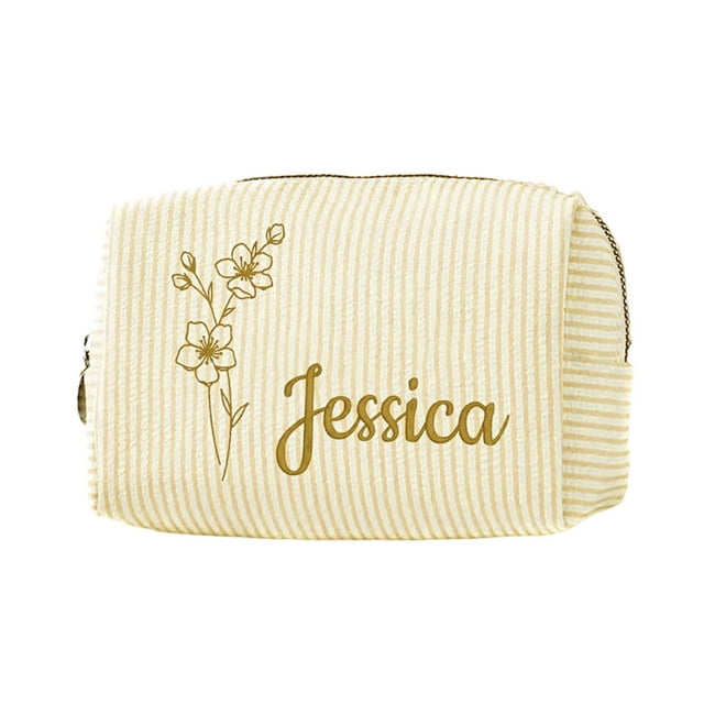 Seersucker bordado con nombre y fecha de nacimiento. Artículos de aseo personal de viaje personalizados. Damas de honor. Boda.