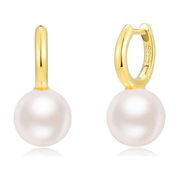 RYSKYJEWELRY Small Pearl Drop Huggie Earrings, 925 Sterling Silver, Natural Round Pearls