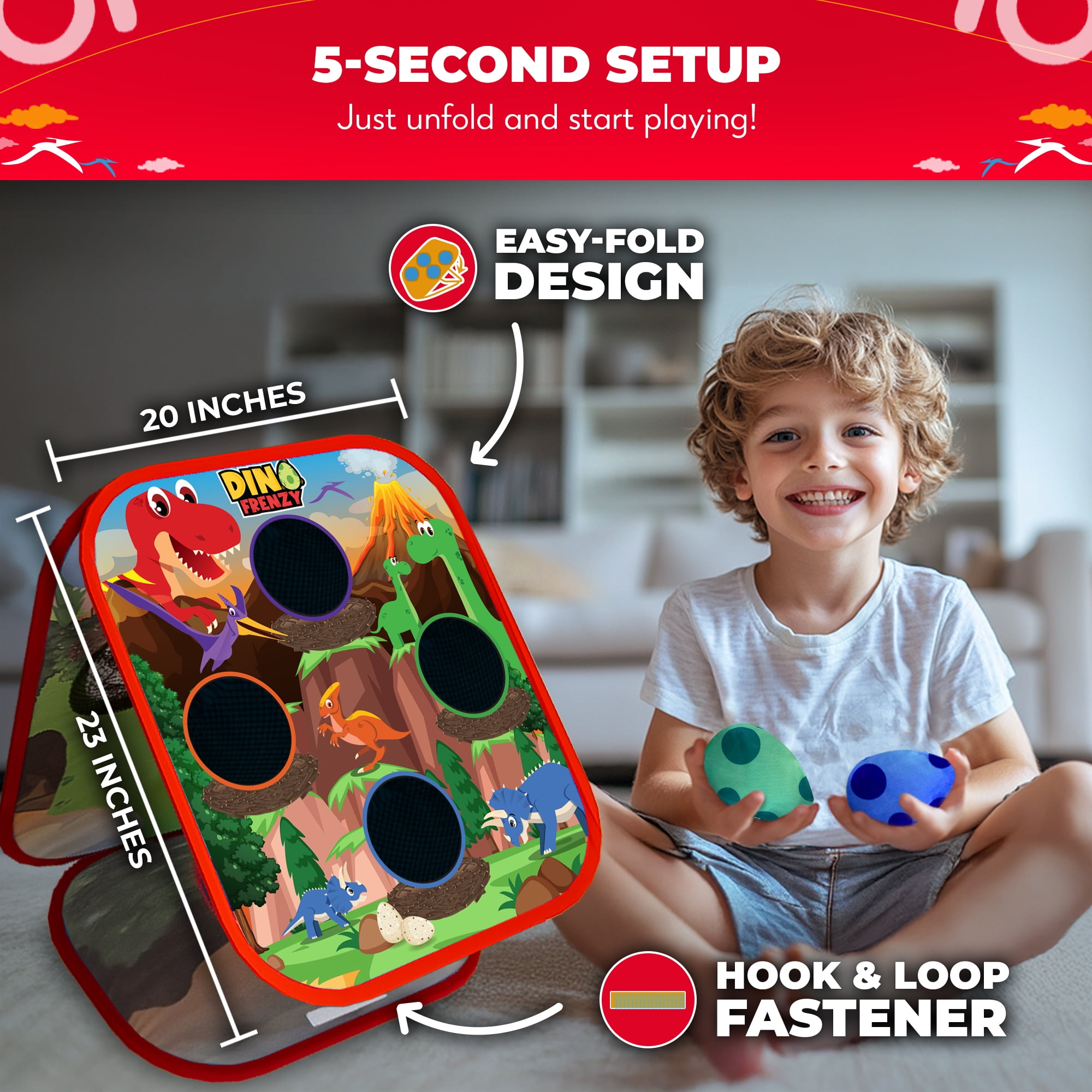 Swooc Games® - Dino Frenzy™ | 2-in-1 Corn Hole Games for Kids | 5-Second Setup | Dinosaur Bean Bag Toss Game for Kids | Kid Cornhole Game Set | Toddler Party Activity | Outside Bean Bags Kid Tossing