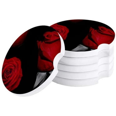 FMSHPON Rose Black Set of 2 Car Coaster for Drinks, Absorbent Ceramic Stone Coasters Cup Mat with Cork Base for Home Kitchen Room Coffee Table Bar Decor