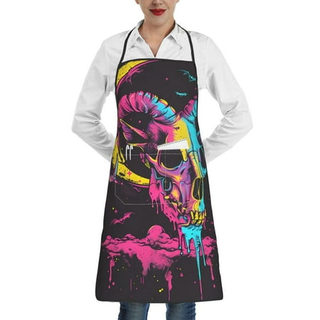 

Disketp Neon Gothic Skull Moon Kitchen Apron with adjustable Aprons for Women with Pockets Cooking Powder Pink Apron