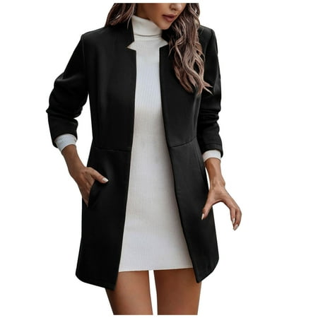 

Women s Wool Blend Jackets Winter Elegant Slim Fit Blazer Cardigan Casual Long Sleeve Stand Collar Trench Coat