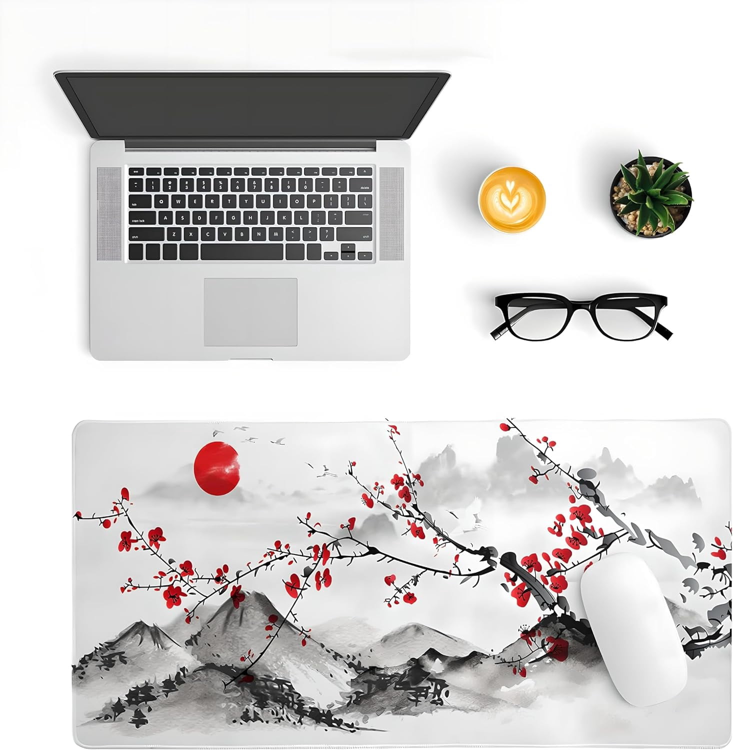 Japanese Cherry Blossom White Gaming Mouse Pad,XXL XL Large Mat Long Extended Mousepad Desk Mat, Non-Slip Rubber Mouse Pads with Stitched Edges 31.5 x 11.8 in