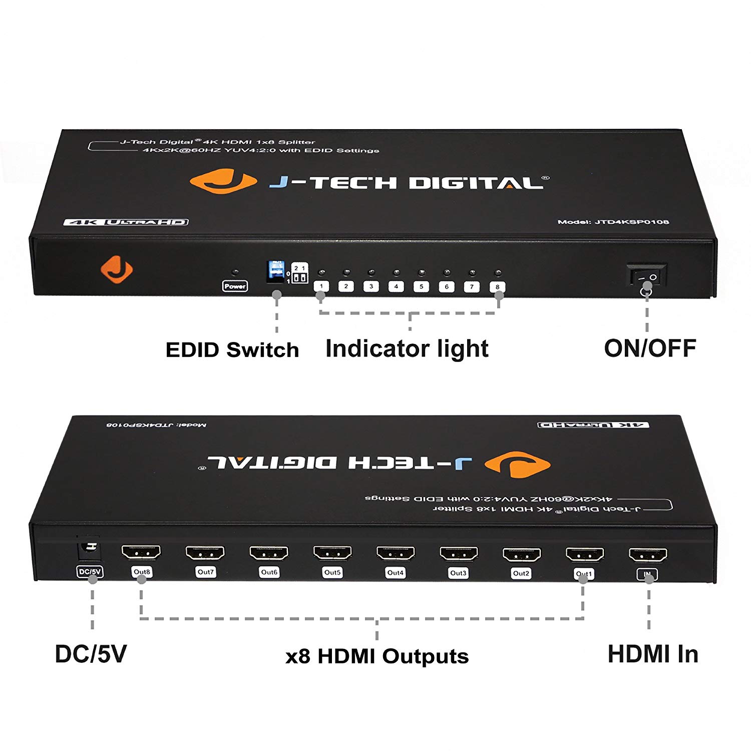 J-Tech Digital HD 4K 60HZ 1x8 HDMI Splitter High Resolutions 4K@60HZ 4:2:0 Full HD, Full 3D [JTD4KSP0108] - image 2 of 6